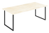 Marble dining table with travertine surface and U-frame base, featuring a sleek, modern design suited for dining rooms.