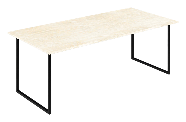 Marble dining table with travertine surface and U-frame base, featuring a sleek, modern design suited for dining rooms.