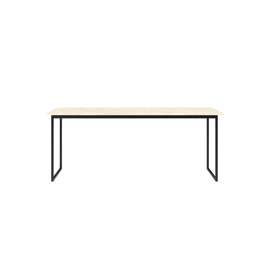 Marble dining table with travertine surface and U-shaped frame, modern design, ideal for contemporary dining rooms.