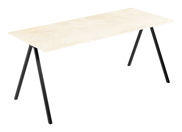 Rectangular marble dining table in travertine with V-frame design, ideal for modern dining rooms.