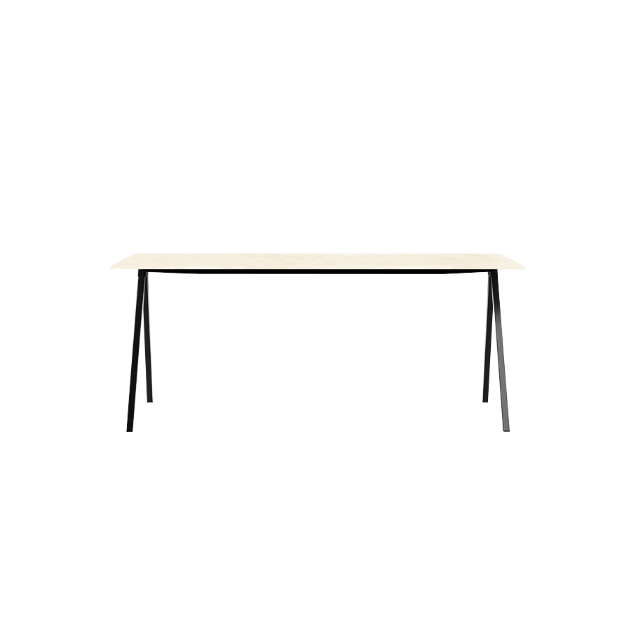 Rectangular marble dining table with travertine surface and V-frame legs, modern design for dining rooms.