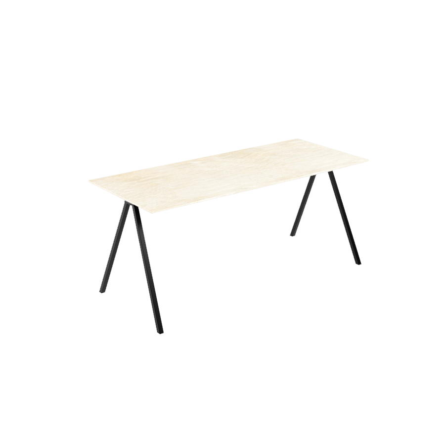 Rectangular marble dining table with travertine surface and V-frame base, showcasing a sleek and modern design.
