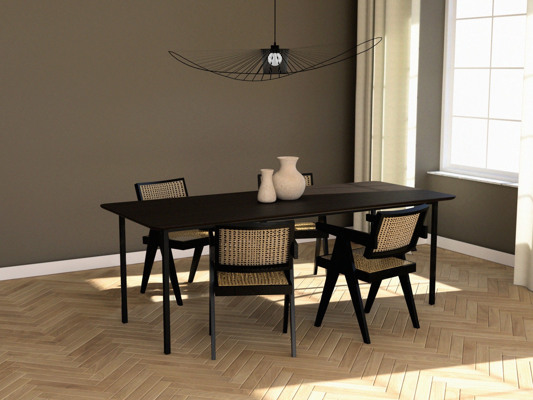Rectangular smoked oak dining table with four-legged frame, natural wood grain, modern design for dining room decor.