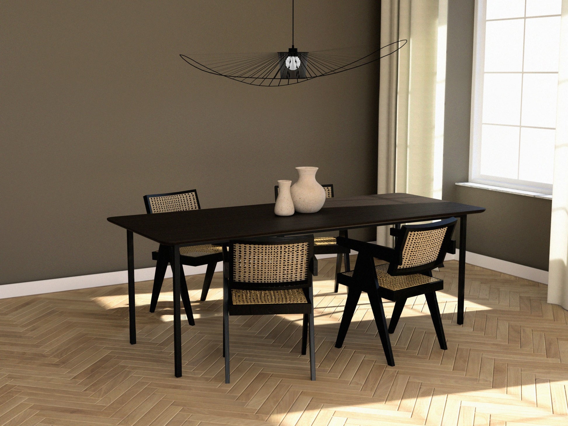 Rectangular smoked oak dining table with four-legged frame, natural wood grain, modern design for dining room decor.