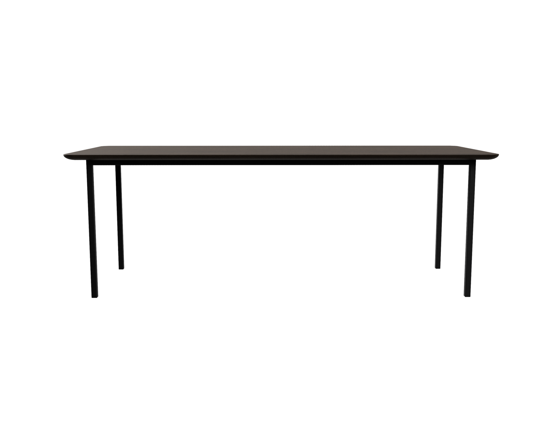 Rectangular smoked oak dining table with four-legged frame, showcasing a sleek, modern design and smooth wood surface.