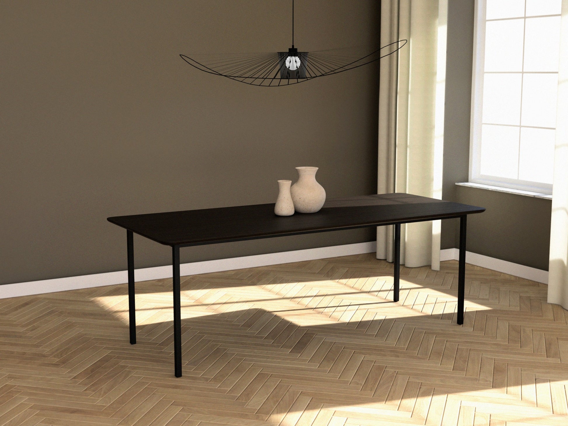 Rectangular smoked oak dining table with four-legged frame, showcasing natural wood grain and sturdy construction.