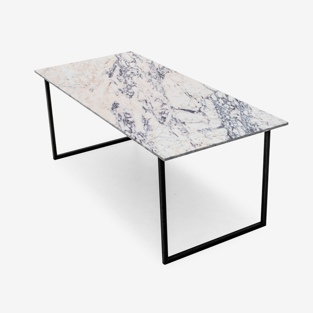 Rectangular marble dining table with U-frame base in Amarante Viola finish, showcasing polished marble surface and sturdy design.