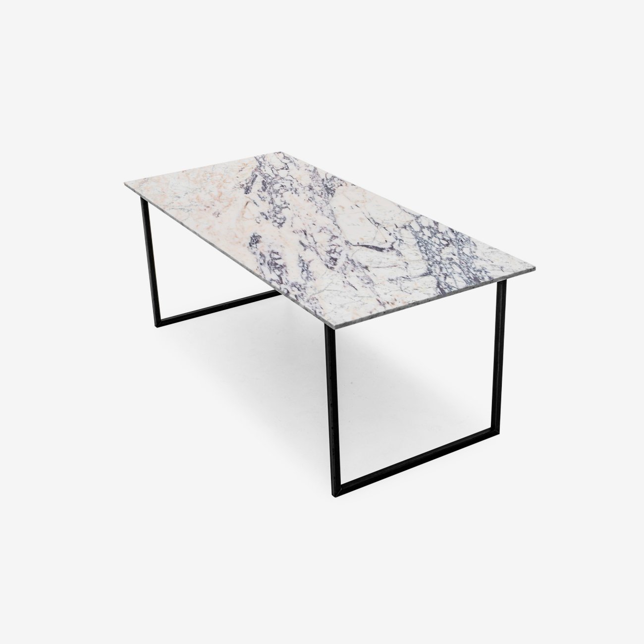 Rectangular marble dining table with Amarante Viola marble top and U-frame legs, ideal for modern dining spaces.