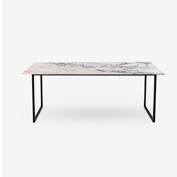 Rectangular marble dining table with U-frame base in Amarante Viola finish, measuring 140x90 cm, modern kitchen or dining room furniture
