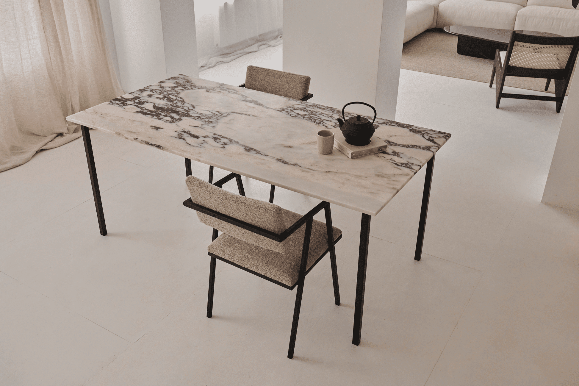 Rectangular Amarante Viola marble dining table with glossy finish and four legs, ideal for modern dining rooms.