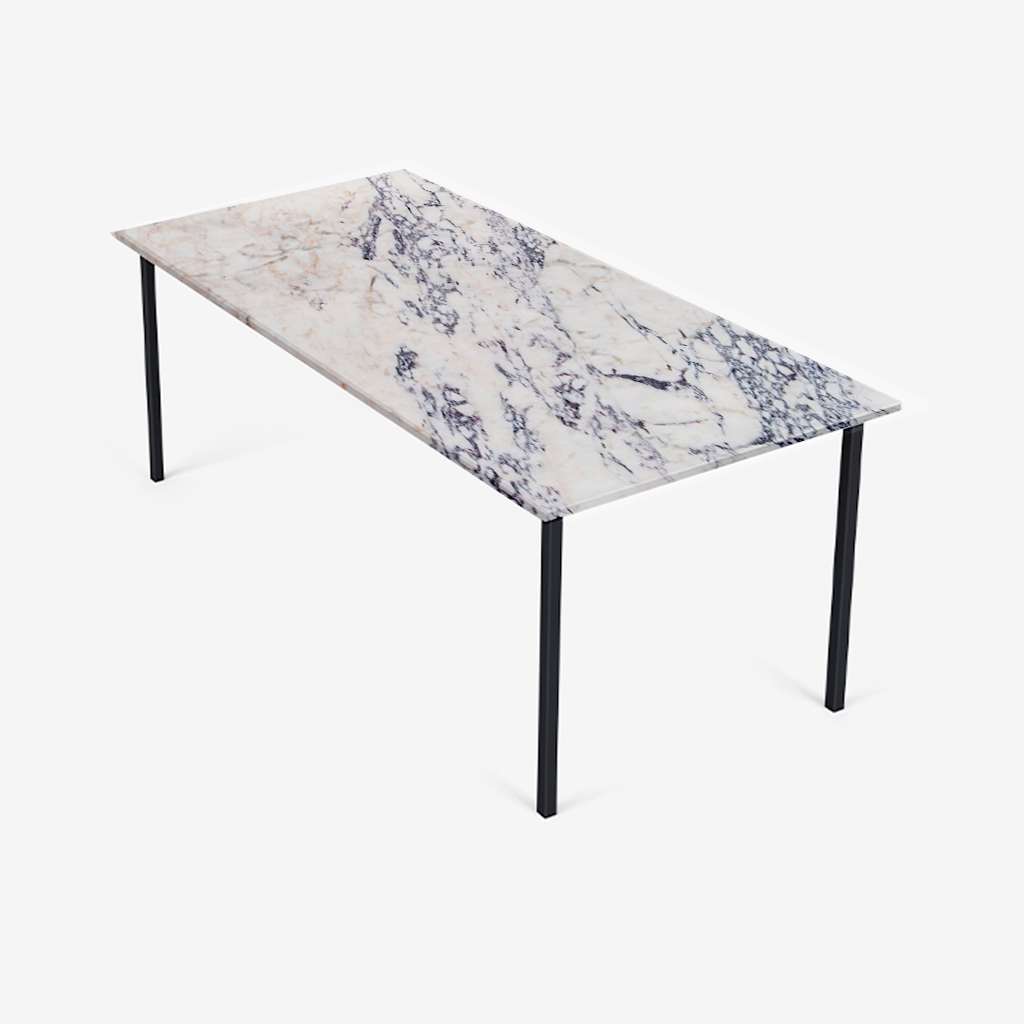 Glossy rectangular marble dining table with four legs in Amarante Viola color, ideal for stylish dining rooms.
