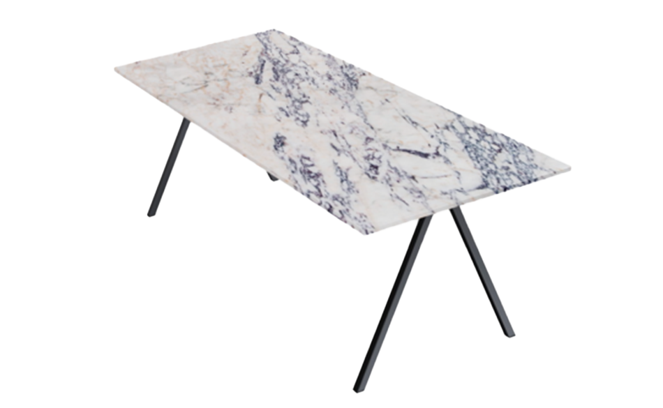 Glossy rectangular marble dining table with V-frame base in Amarante Viola finish, ideal for modern dining rooms