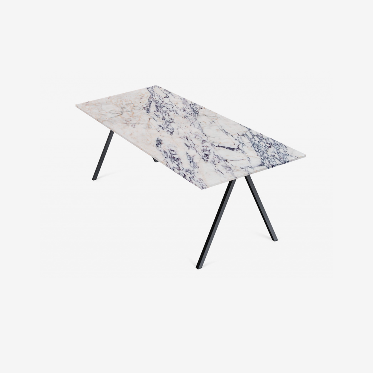 Glossy rectangular marble dining table with V-frame design, Amarante Viola brand, measuring 140x90 cm.