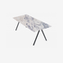 Glossy rectangular marble dining table with V-frame design, Amarante Viola brand, measuring 140x90 cm.