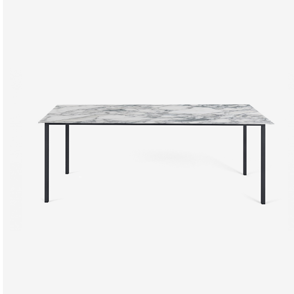 Rectangular Arabescato marble dining table with four legs, glossy finish, ideal for modern dining rooms.