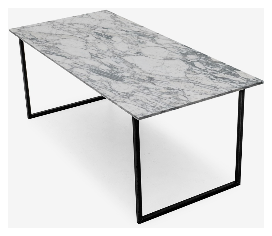 Rectangular Arabescato marble dining table with glossy finish and U-frame design, showcasing elegant natural stone pattern.