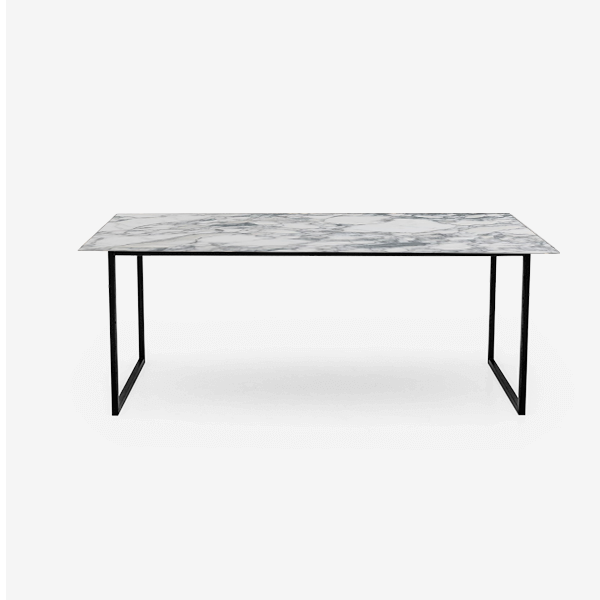 Glossy rectangular Arabescato marble dining table with U-frame base, measuring 140x90 cm, modern and elegant design.