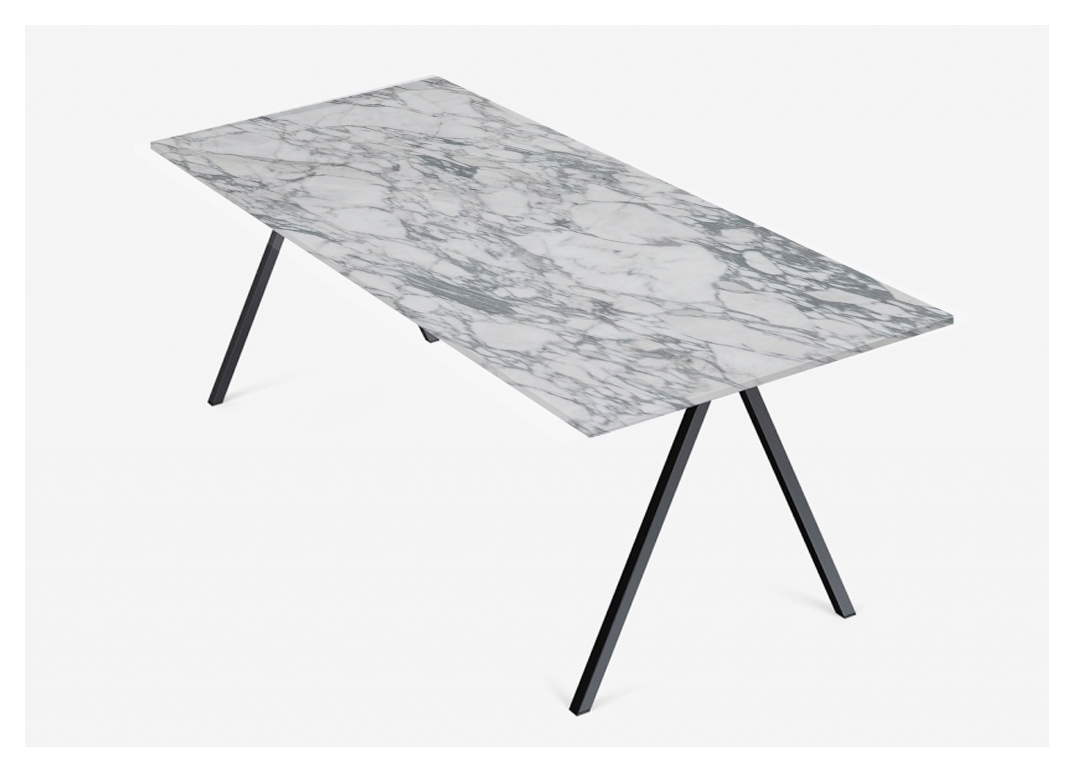 Glossy rectangular Arabescato marble dining table with V-frame design, measuring 140 x 90 cm, from My Store.