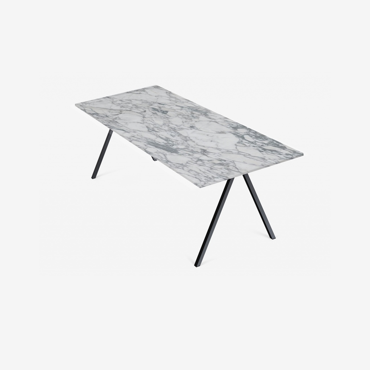Glossy rectangular marble dining table in Arabescato with V-frame legs, 140x90 cm, showcasing elegant natural stone surface.
