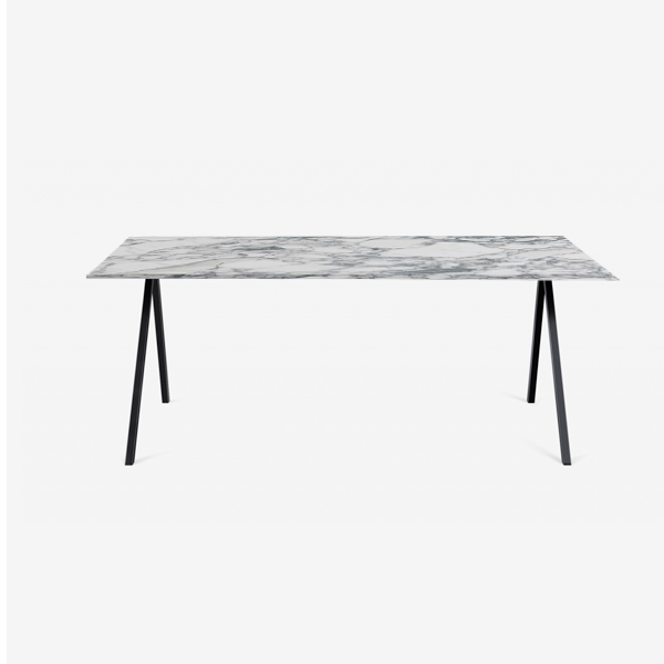 Glossy rectangular marble dining table with Arabescato pattern and V-frame legs, 140 x 90 cm, by My Store.