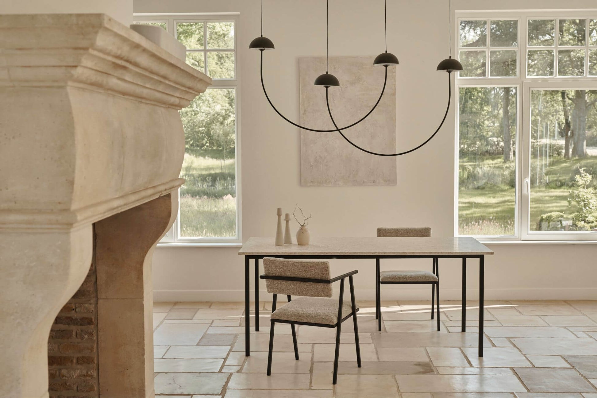 Rectangular Crema Altea marble dining table with four legs, glossy surface, ideal for modern dining rooms.