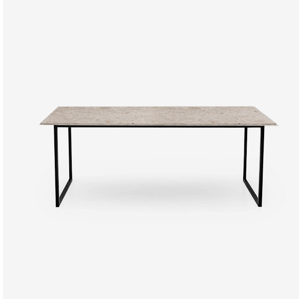 Glossy rectangular marble dining table with U-frame base in Crema Altea, features a sleek design and natural stone finish.