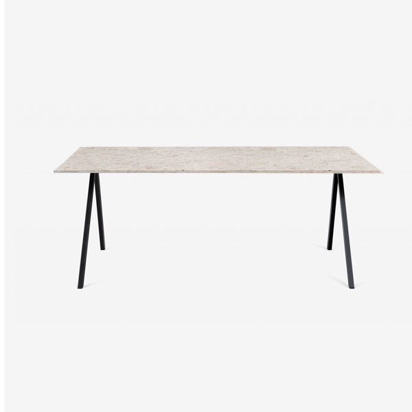Glossy rectangular marble dining table with Crema Altea finish and V-frame design, ideal for modern dining rooms.