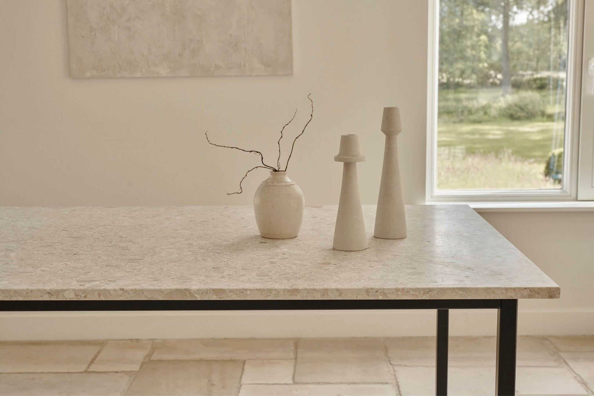 Glossy rectangular marble dining table with Crema Altea marble top and V-frame legs, ideal for modern dining spaces.