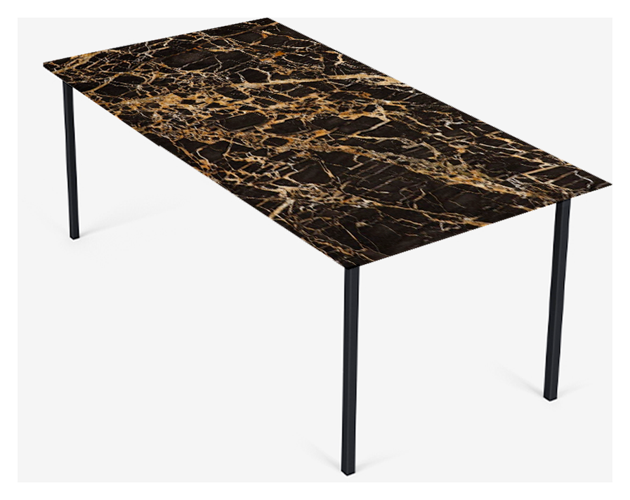 Rectangular Portoro marble dining table with four legs, glossy finish, ideal for modern dining rooms.