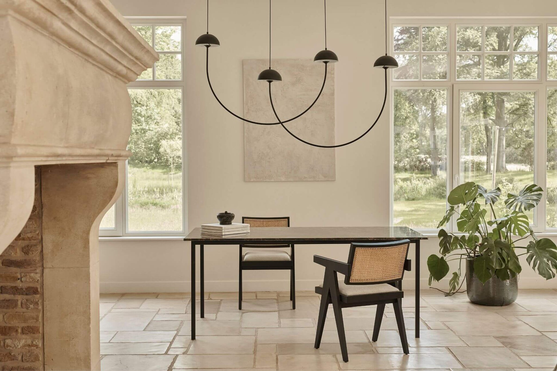 Rectangular Portoro marble dining table with four legs, glossy finish, ideal for modern dining rooms.