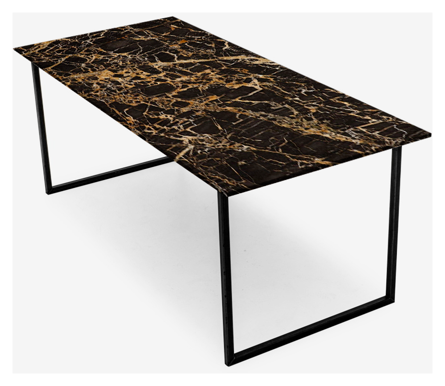 Glossy rectangular Portoro marble dining table with U-frame base, measuring 140 x 90 cm, by My Store.