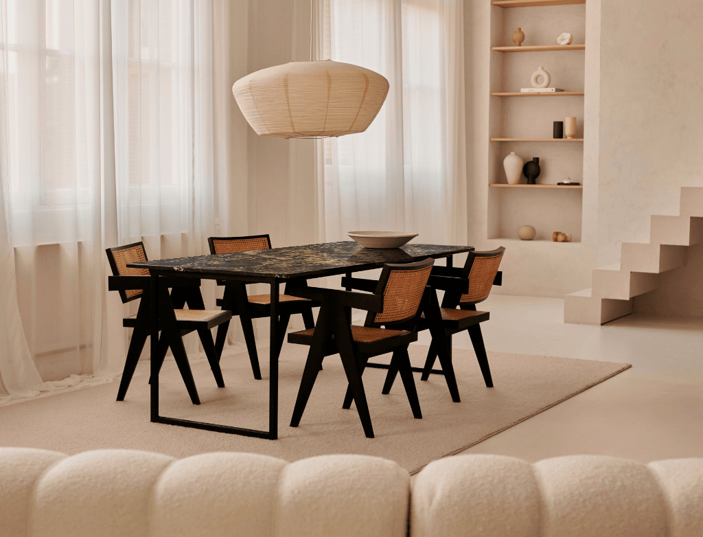 Glossy rectangular marble dining table with Portoro marble top and U-shaped metal frame, ideal for modern dining rooms.
