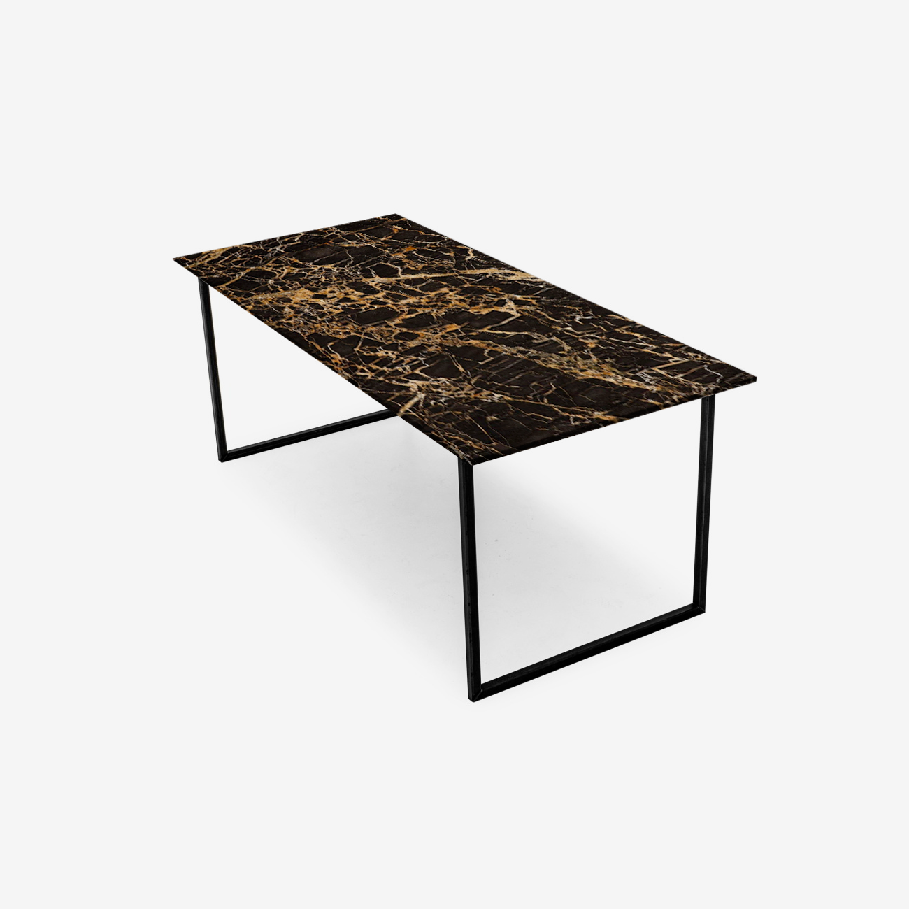 Rectangular Portoro marble dining table with glossy finish and U-shaped metal frame, ideal for modern dining rooms.
