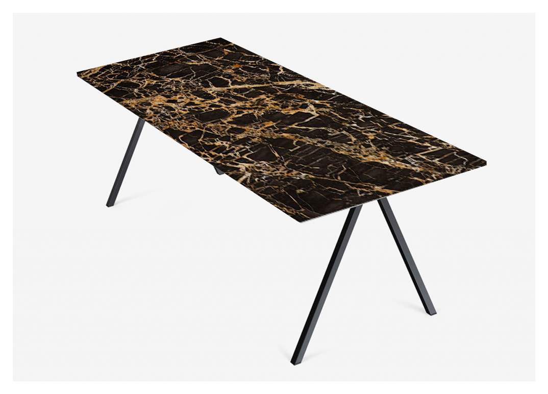 Rectangular Portoro marble dining table with glossy finish and V-frame design, ideal for modern dining rooms.