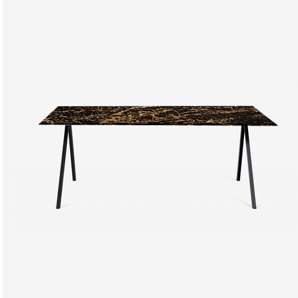 Rectangular Portoro marble dining table with V-frame legs, glossy finish, 140x90 cm, modern design, suitable for dining rooms.