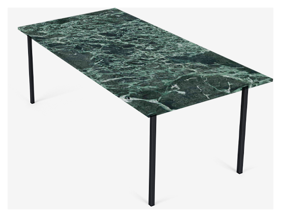 Rectangular Verde Alpi marble dining table with four legs, glossy finish, ideal for modern dining rooms.