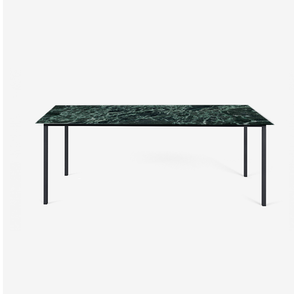 Rectangular marble dining table with four legs in Verde Alpi finish, glossy surface, modern design, ideal for dining rooms.