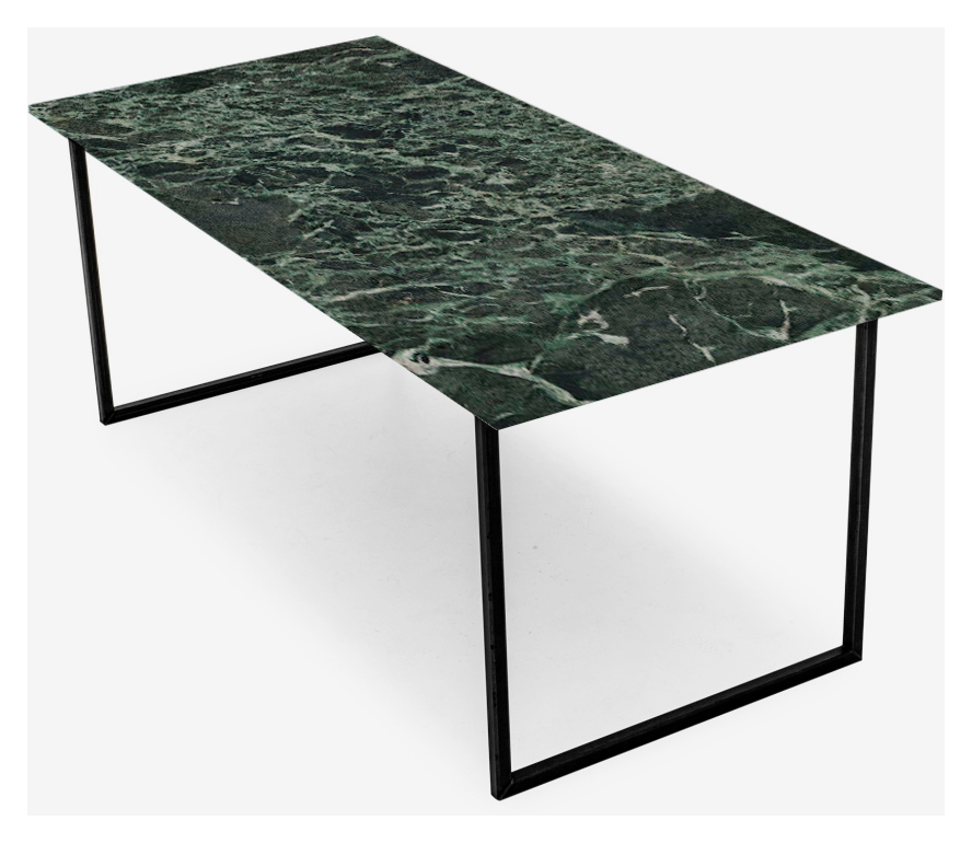 Rectangular Verde Alpi marble dining table with an U-frame base, glossy finish, measuring 140x90 cm, by My Store.