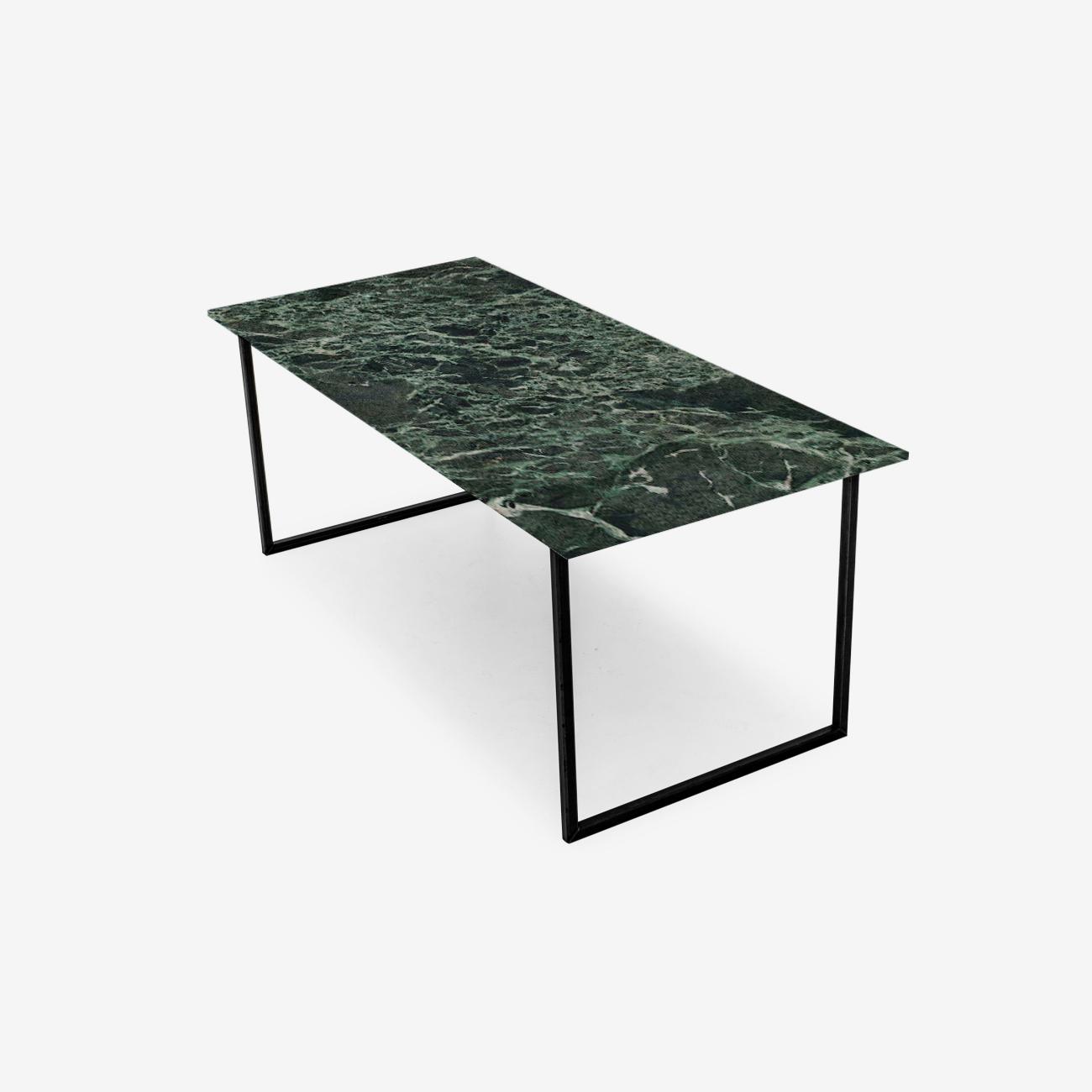 Glossy rectangular marble dining table with Verde Alpi marble top and U-frame base, ideal for modern dining spaces.