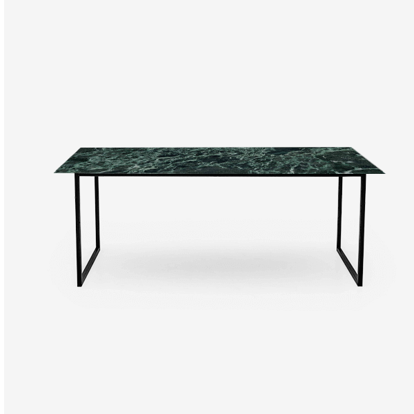 Glossy rectangular marble dining table with Verde Alpi stone and U-frame design, ideal for modern dining rooms.