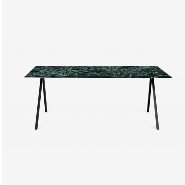 Glossy rectangular marble dining table with V-frame base, Verdi Alpi style, perfect for modern dining rooms