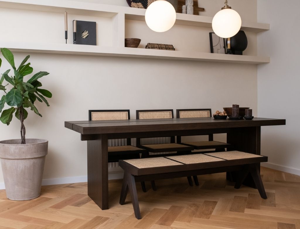 Rectangular KANJI dining table in charcoal oak finish with 160cm length, 80cm width, and 4cm thickness.