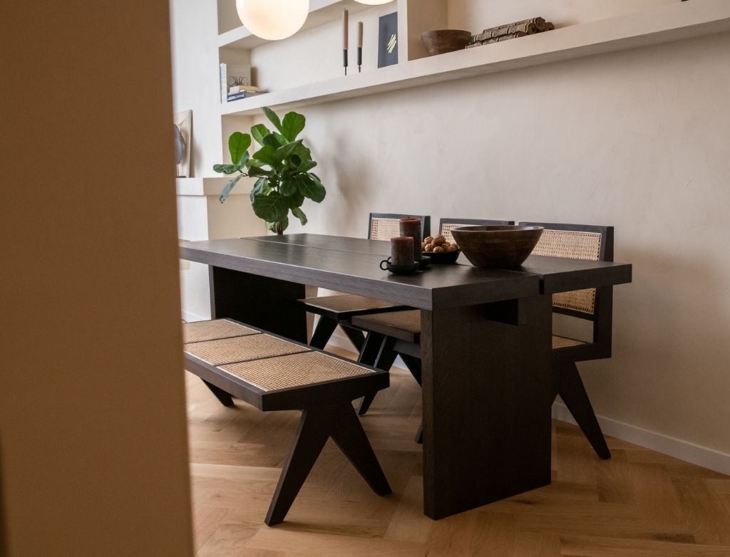 Rectangular KANJI dining table in charcoal oak finish with 160cm length and 4cm thickness, modern wood dining table design.