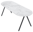 Glossy Bianco Carrara white marble half oval dining table with V-frame base, ideal for elegant modern dining rooms.