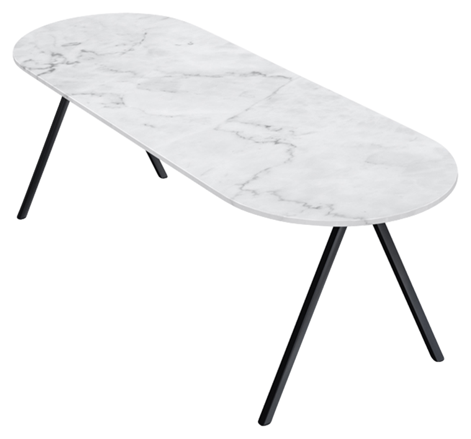 Glossy Bianco Carrara white marble half oval dining table with V-frame base, ideal for elegant modern dining rooms.