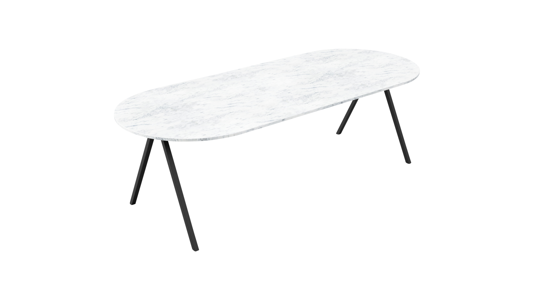 Glossy half oval marble dining table in Bianco Carrara White with V-frame design, ideal for elegant dining spaces.