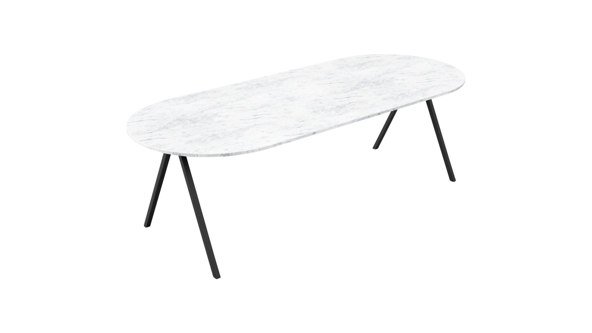 Glossy half oval marble dining table in Bianco Carrara White with V-frame design, ideal for elegant dining spaces.