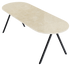 Half oval marble dining table with Crema Marfil beige finish and V-frame design, glossy surface, by My Store.