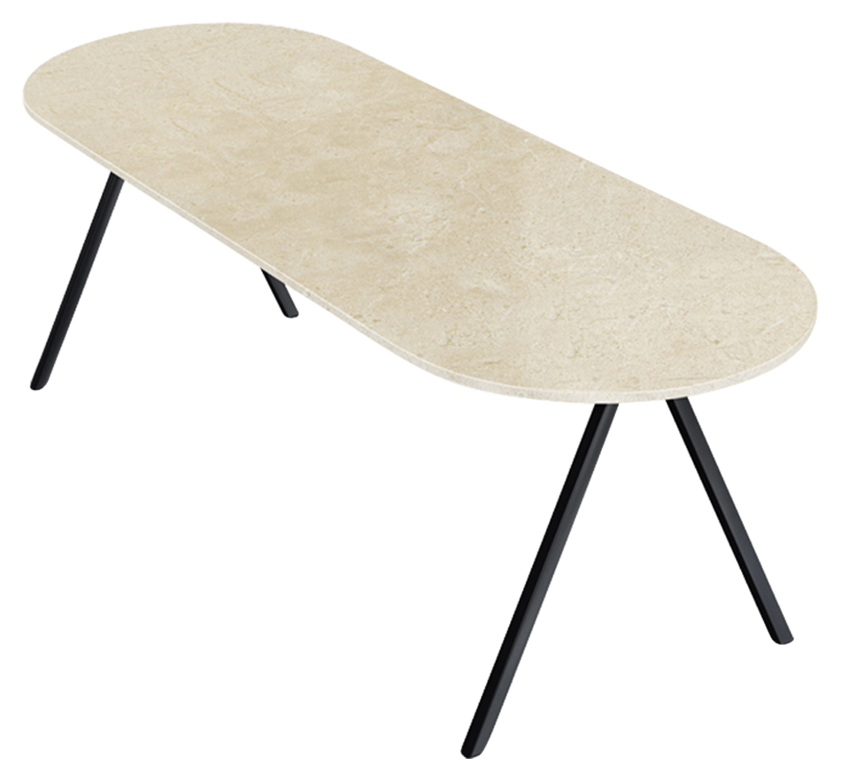 Half oval marble dining table with Crema Marfil beige finish and V-frame design, glossy surface, by My Store.