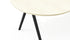 Half oval marble dining table with Crema Marfil beige marble top and V-frame base, ideal for elegant dining spaces.